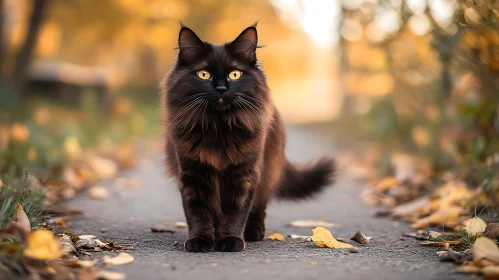 Golden-Hued Autumn with Black Cat