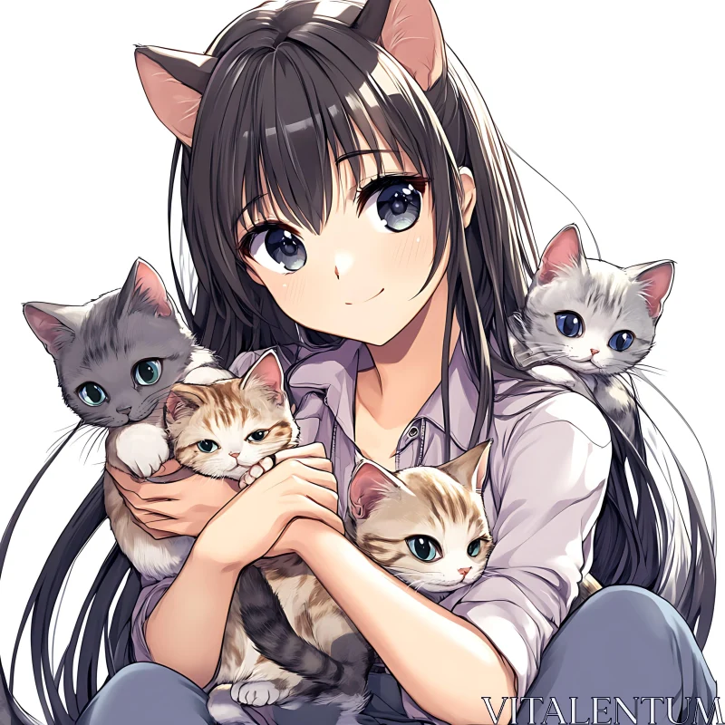 Adorable Anime Girl with Cats Art AI Image