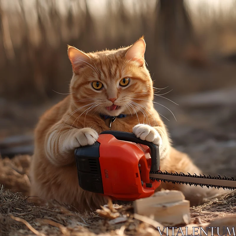 Funny Cat with Chainsaw in Outdoor Setting AI Image