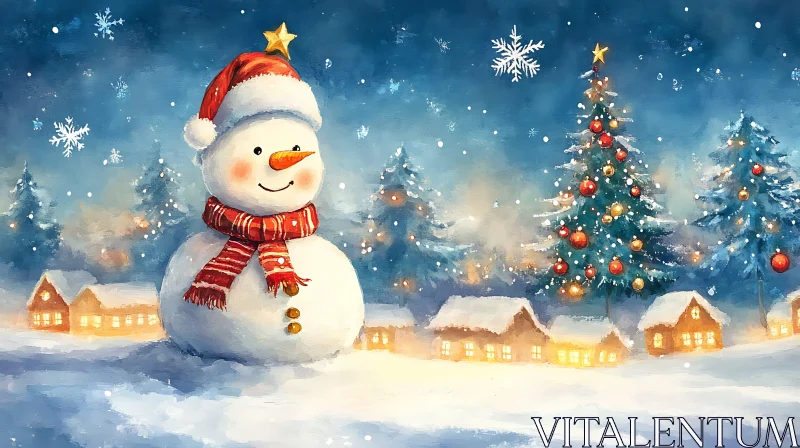 Festive Snowman in Wintery Village AI Image