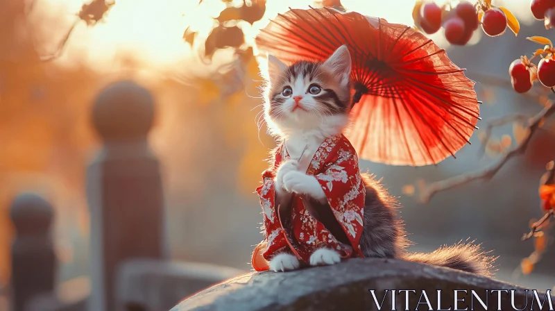 Cute Kitten with Kimono and Umbrella AI Image