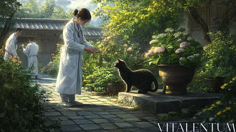 Tranquil Interaction Between Doctor and Cat in Garden AI Image