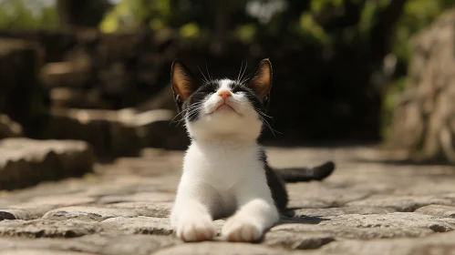 Cat Relaxing in Sunlight on Outdoor Path