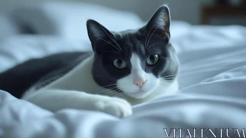 Relaxed Black and White Cat on Bed AI Image