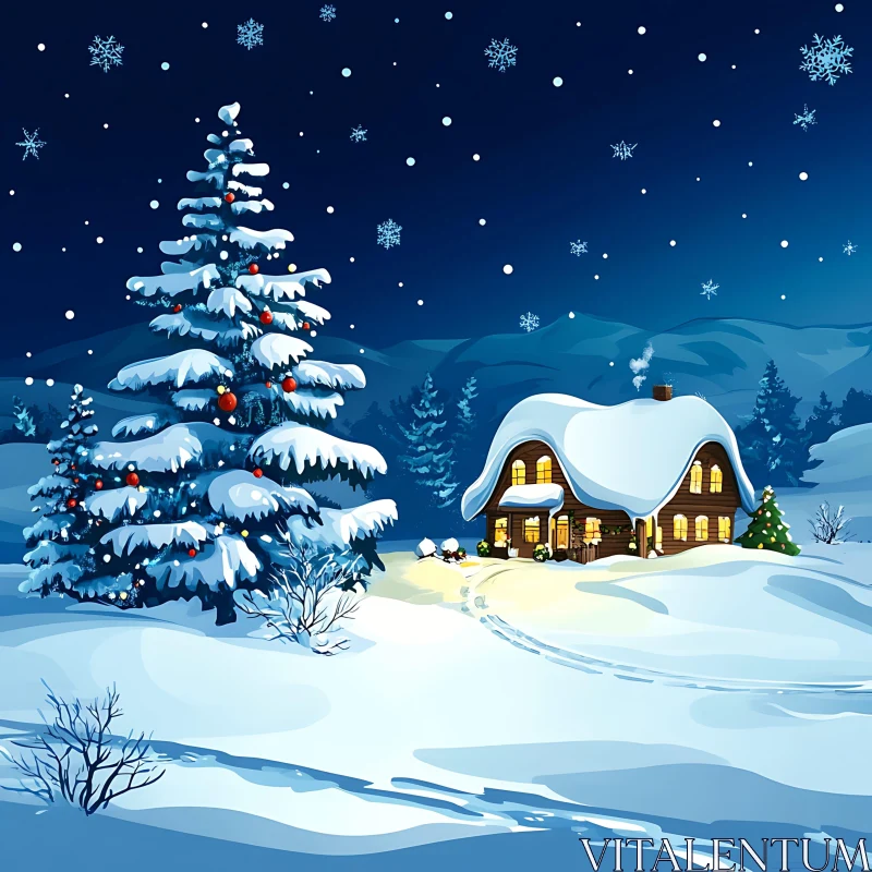 Cozy Cabin in Snowy Christmas Landscape AI Image