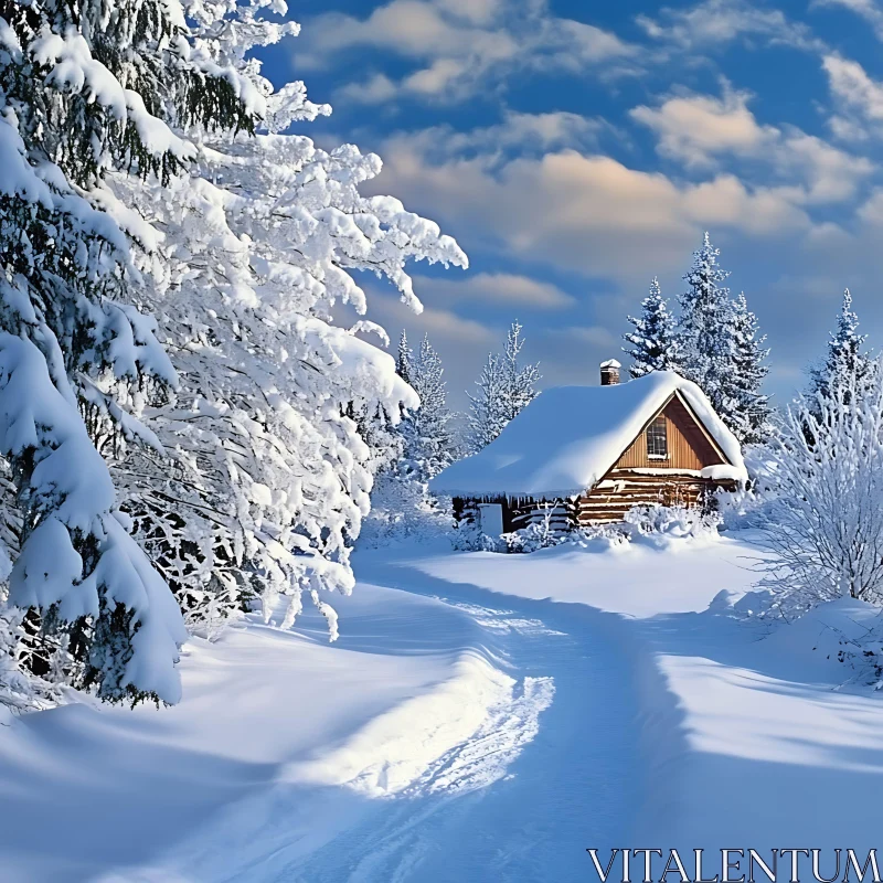 Winter Forest with Snow-Covered Cabin AI Image