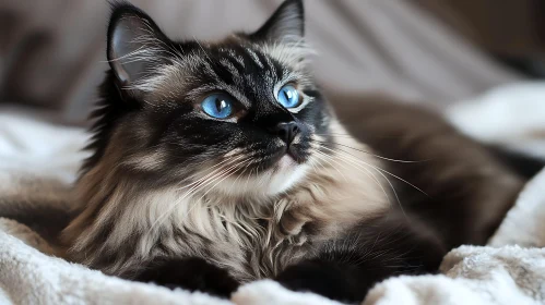 Close-Up of Fluffy Cat with Blue Eyes