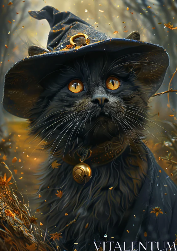 AI ART Mystical Black Cat Wearing Witch Hat Amidst Autumn Leaves