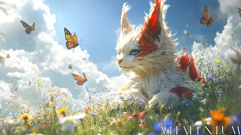 Enchanting Meadow with Fantasy Creature and Butterflies AI Image