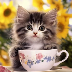 Cute Kitty with Floral Teacup