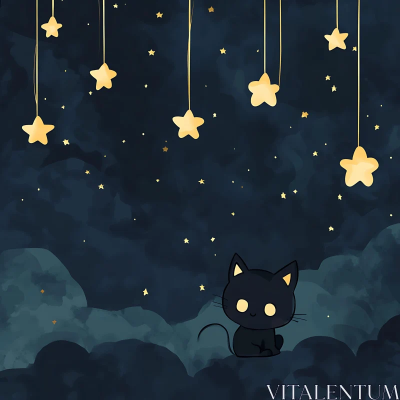 Charming Black Cat with Glowing Stars AI Image