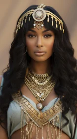 African Woman in Gold Jewelry and Black Wig: A Kushan Empire Influence