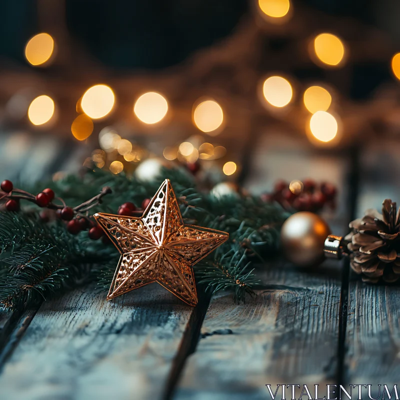 Golden Star Christmas Decor with Warm Lights AI Image