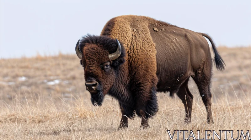 Brown Bison in Field of Dry Grass - Captivating Wildlife Image AI Image
