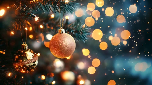 Festive Christmas Tree Ornaments and Golden Bokeh