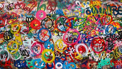 Colorful Graffiti-Covered Wall with Abstract Shapes and Rabbit