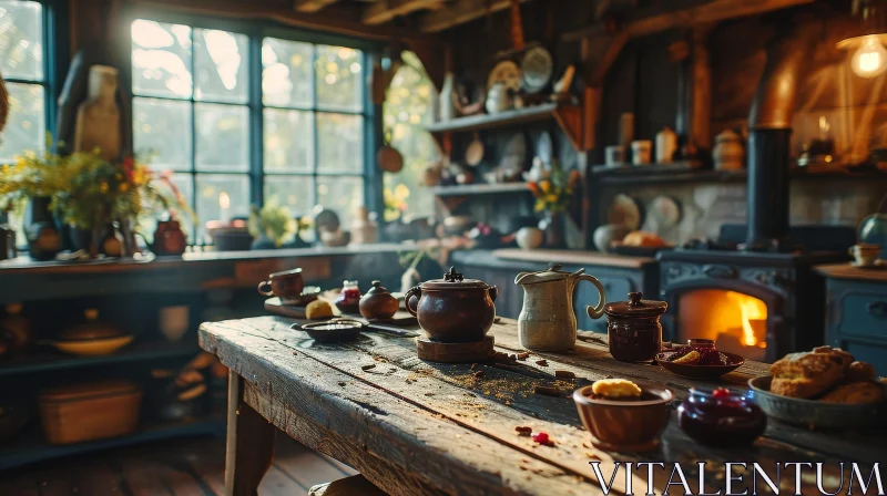 AI ART Cozy Rustic Kitchen with Wooden Table and Delicious Food