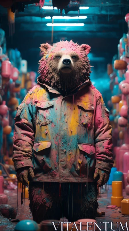 Cyberpunk Bear in Colorful Industrial Setting AI Image