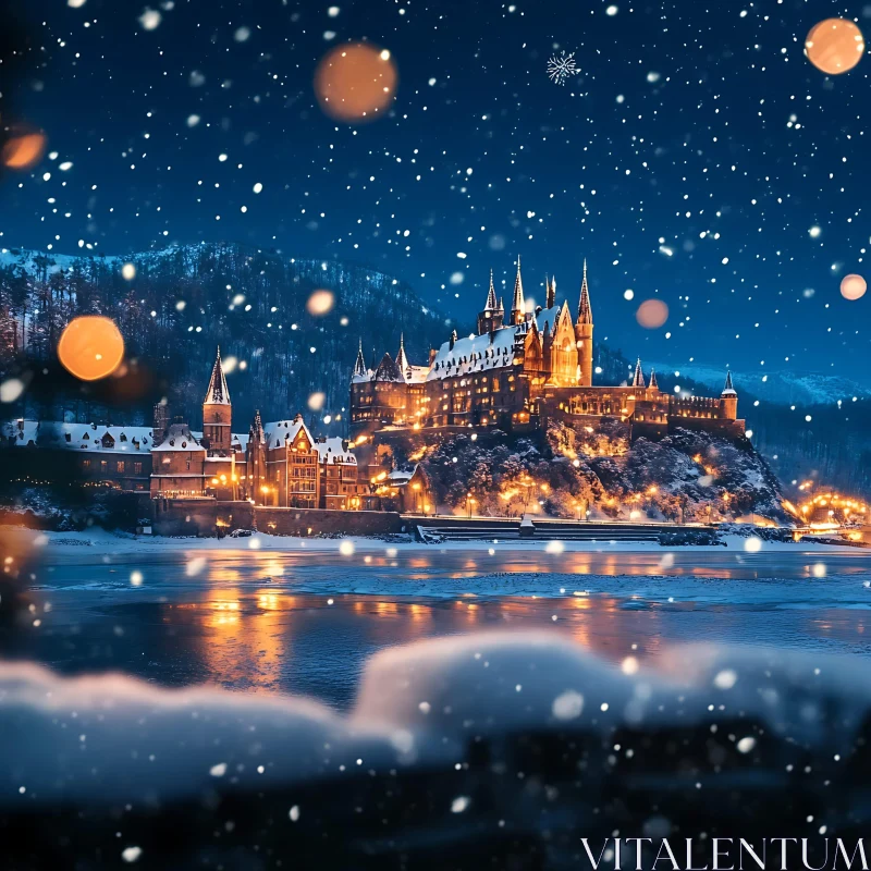 Illuminated Castle in Winter Night with Snowfall AI Image