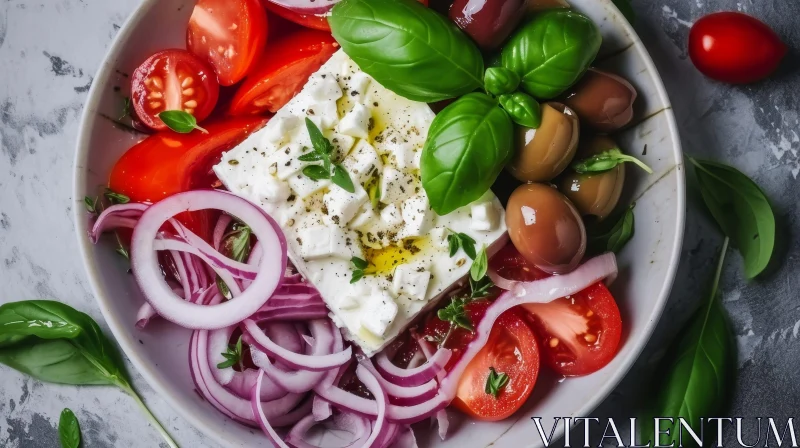 Delicious Greek Salad with Tomatoes, Red Onion, Olives, and Feta Cheese AI Image