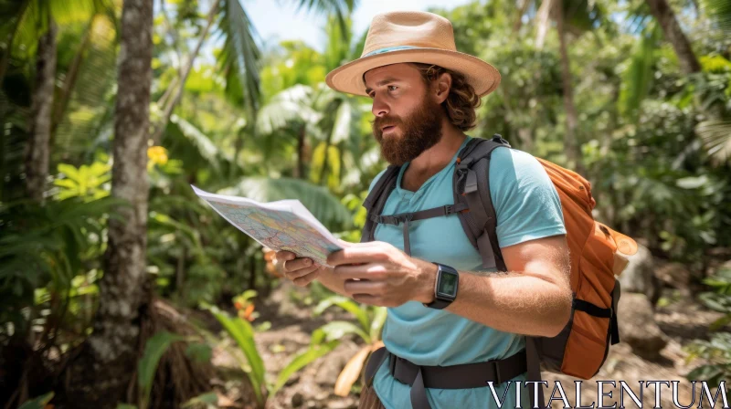 Exploring the Enchanting Tropical Forest: A Bearded Man with a Map AI Image