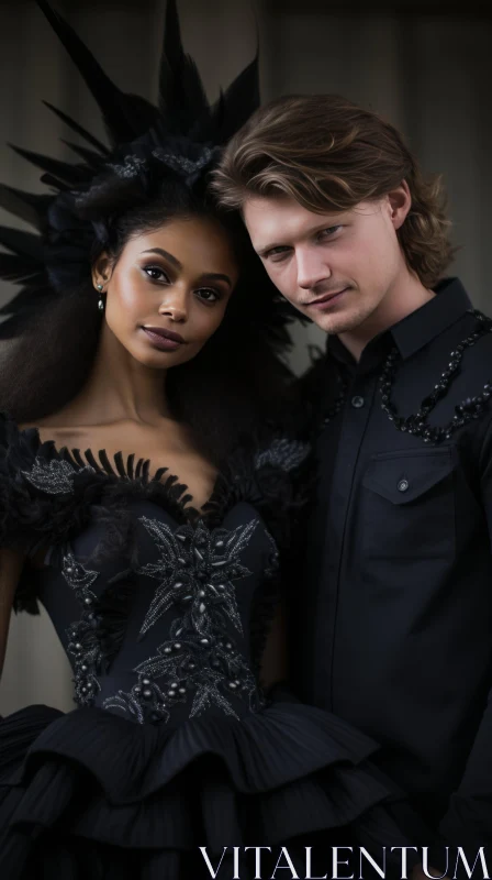 Feather Adorned Black Attire: A Blend of Masculine and Feminine Details AI Image