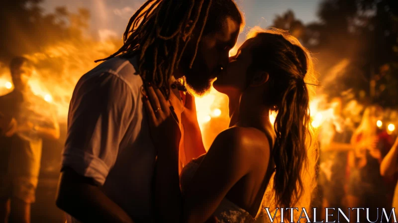 Romantic Tropical Embrace - A Couple's Love Illuminated by Firelight AI Image