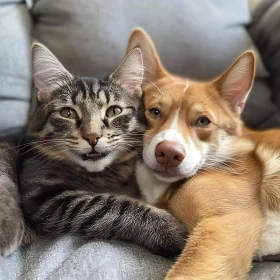 Cute Cat and Dog Snuggling Together