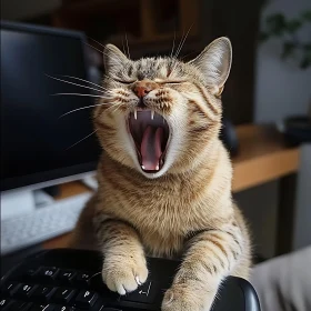Cute Yawning Cat in Office Setting