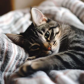 Cat Relaxing Comfortably on a Soft Blanket
