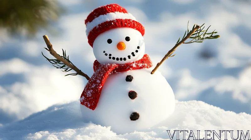 Cheerful Snowman Adorned with Red Scarf and Hat