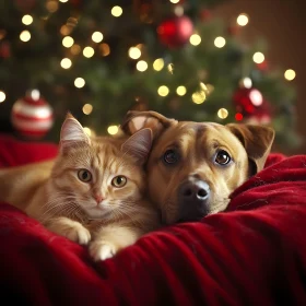 Cute Cat and Dog Amid Christmas Decorations