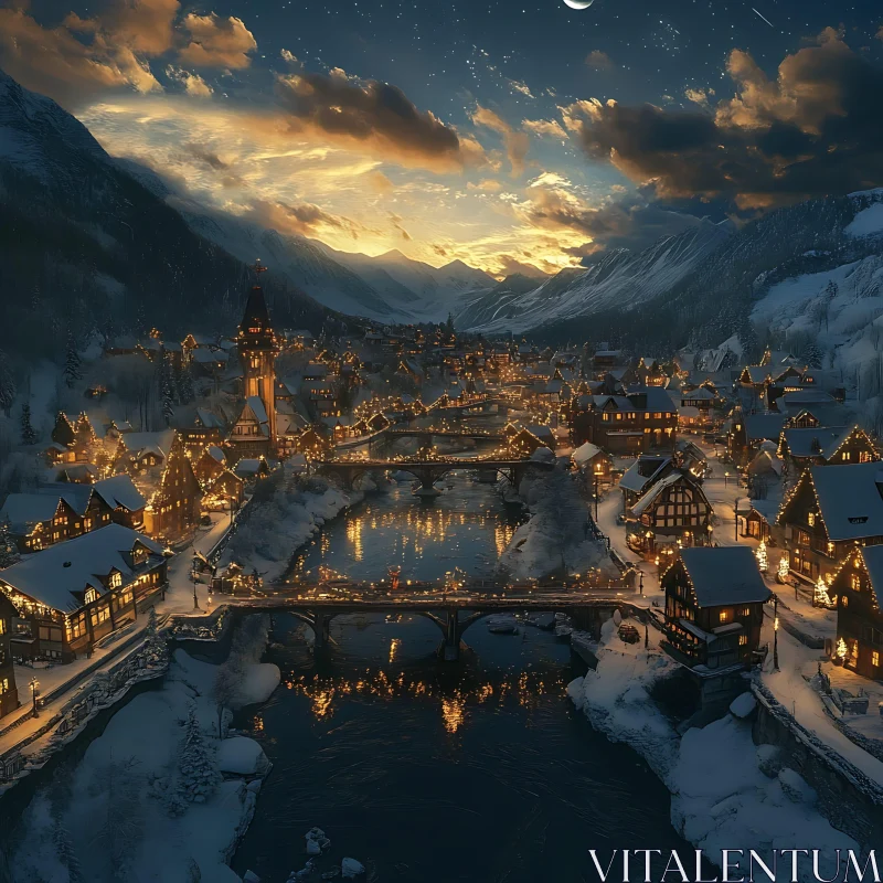 Picturesque Mountain Village under the Moonlight