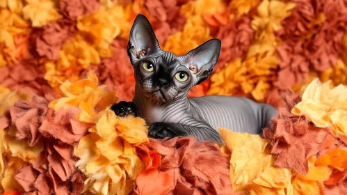 Sphynx Kitten Amidst Colorful Flowers