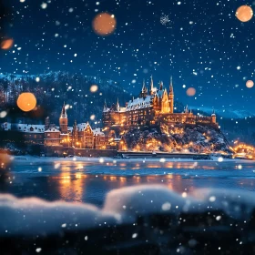 Illuminated Castle in Winter Night with Snowfall