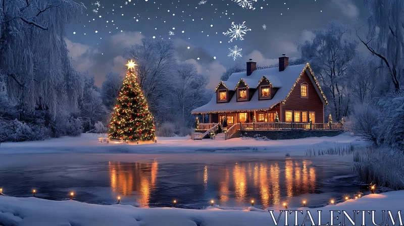 Festive Snowy Scene: Illuminated Cabin and Christmas Tree