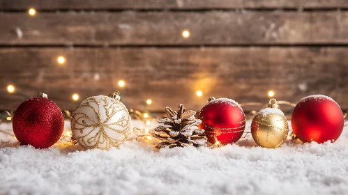 Christmas Decor in Snow with Ornament Balls and Pinecone