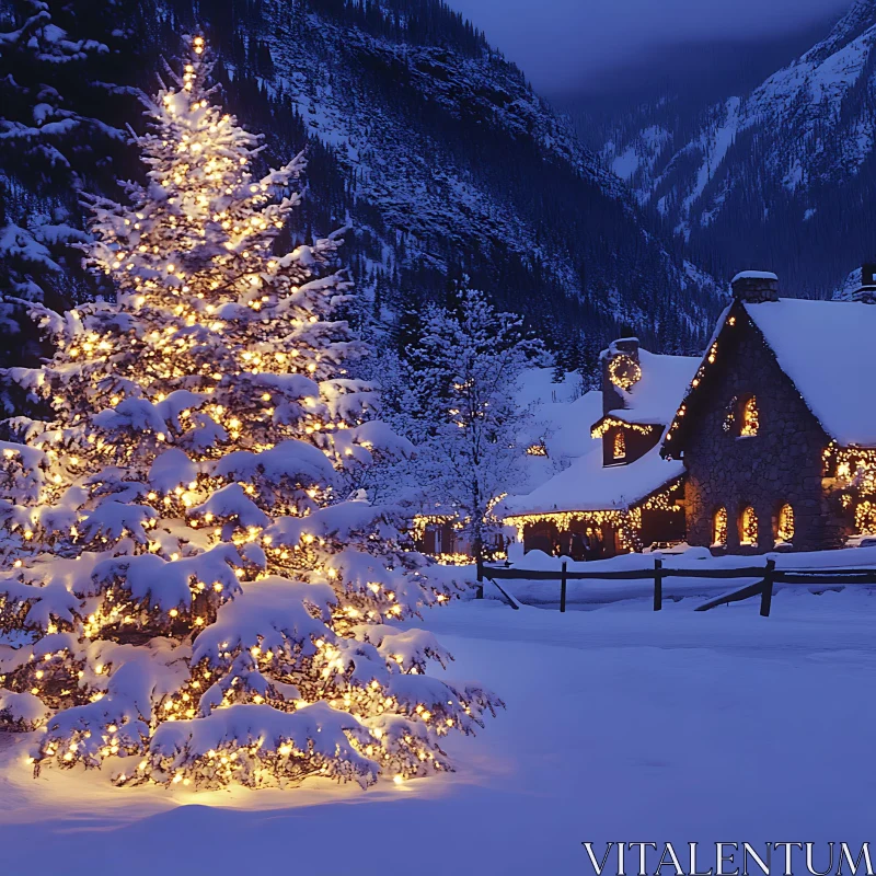 Christmas Lights and Snowy Cabin in the Mountains