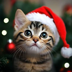 Festive Kitten with Santa Hat and Christmas Ornaments