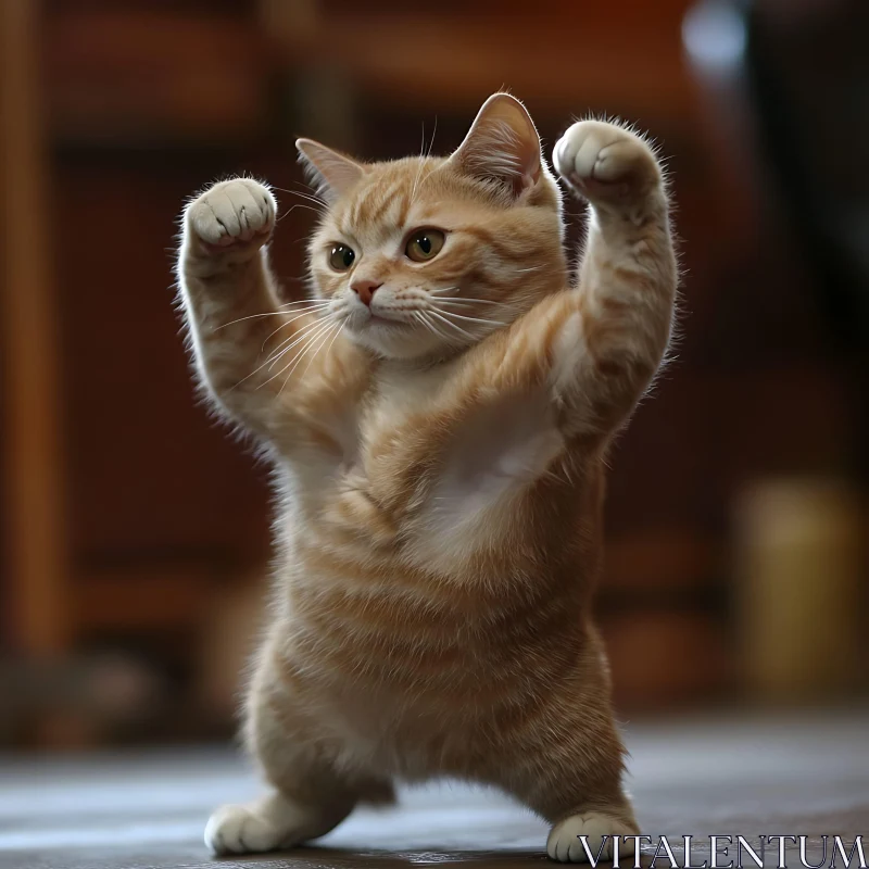 Cute Ginger Cat Playfully Standing Upright