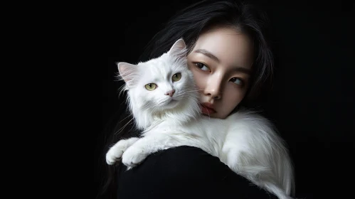 Gentle Woman Hugging a White Cat