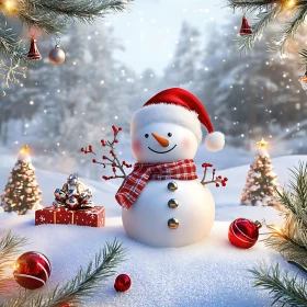 Festive Snowman with Santa Hat and Christmas Ornaments