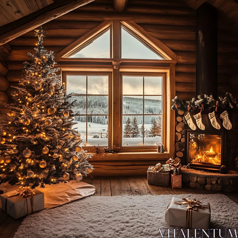 Warm Holiday Cabin Interior with Christmas Decorations AI Image