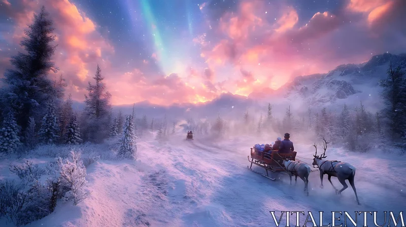 Reindeer Sled under Aurora in Snowy Forest