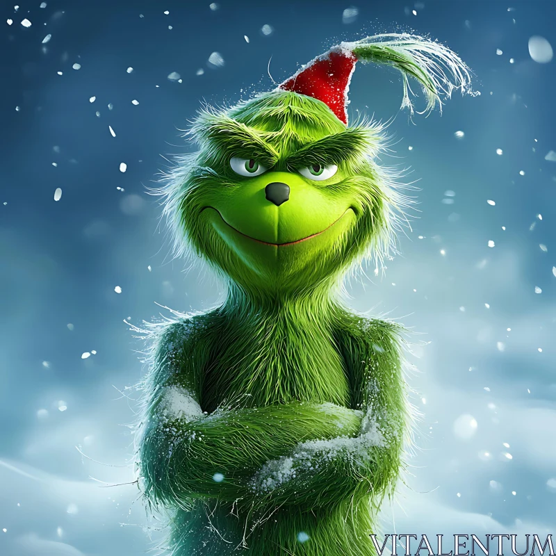 Green Character with Santa Hat and Snowfall