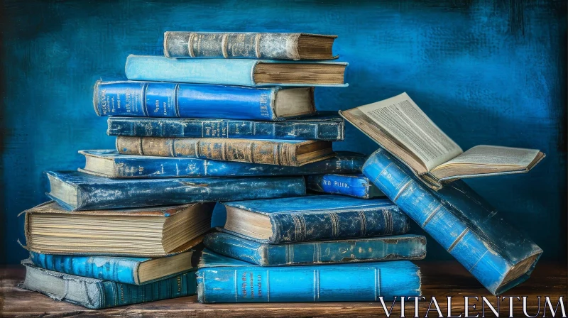 Abstract Composition: Stack of Old Books on Wooden Table AI Image