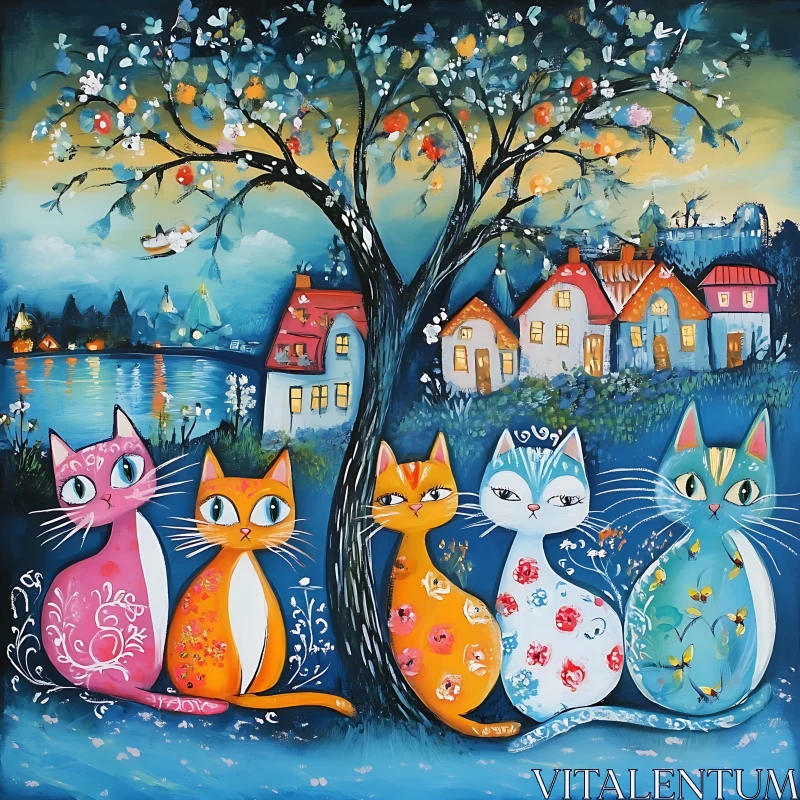 Colorful Cats in Night Village with Blooming Tree