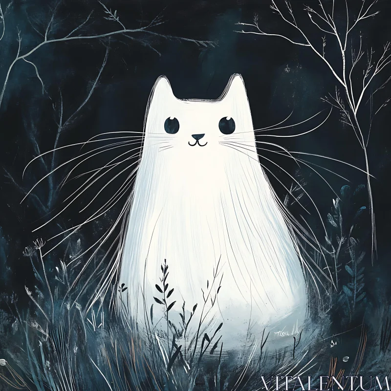 Mystical White Cat in Dark Forest