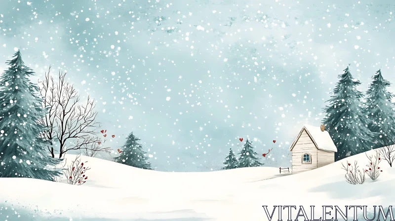 Peaceful Winter Scene with Wooden Cabin and Snow-Covered Trees