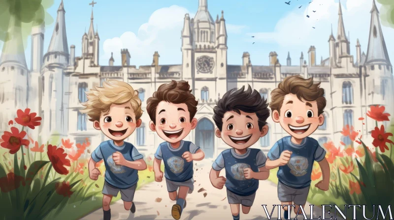 Boys Running in Front of Gray Stone Building AI Image